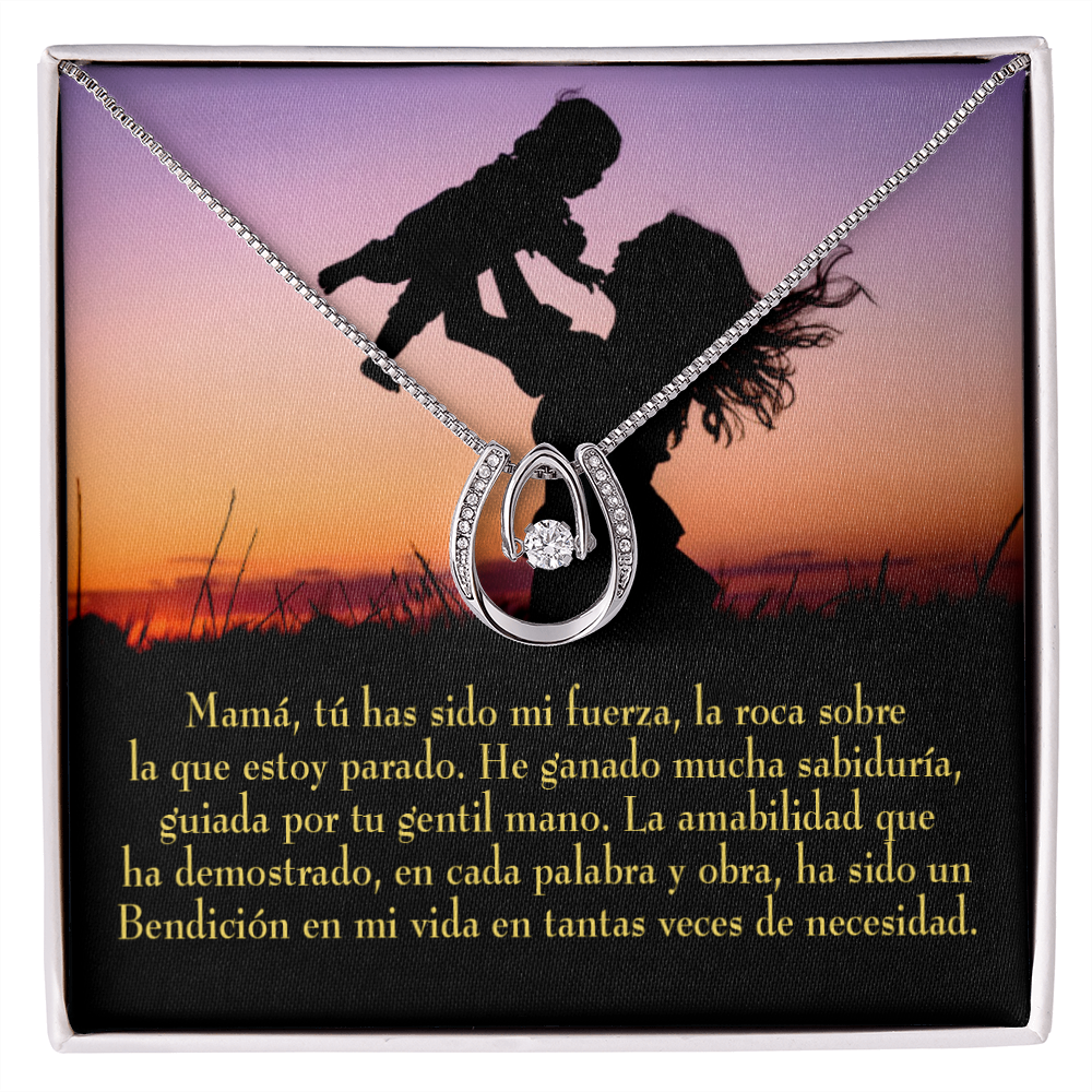 Mamá tú has sido mi fuerza Lucky Horseshoe Necklace Message Card 14k w CZ Crystals-Express Your Love Gifts