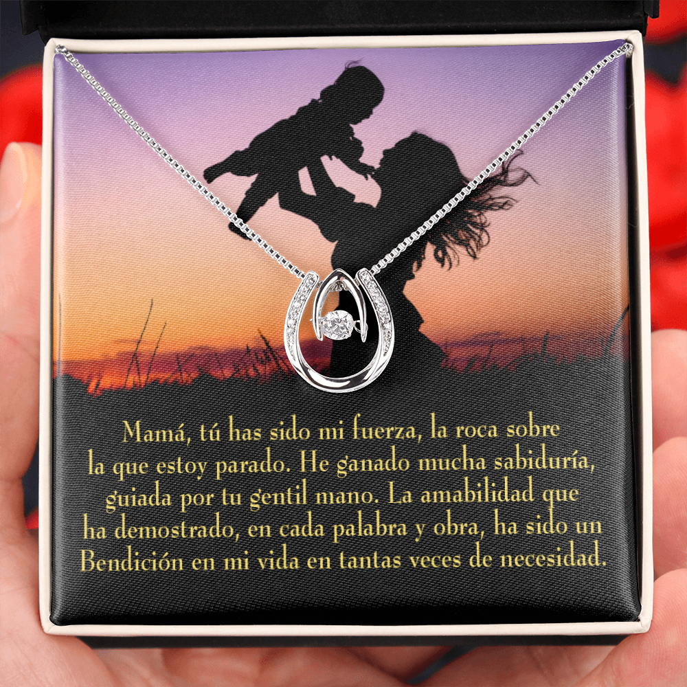Mamá tú has sido mi fuerza Lucky Horseshoe Necklace Message Card 14k w CZ Crystals-Express Your Love Gifts