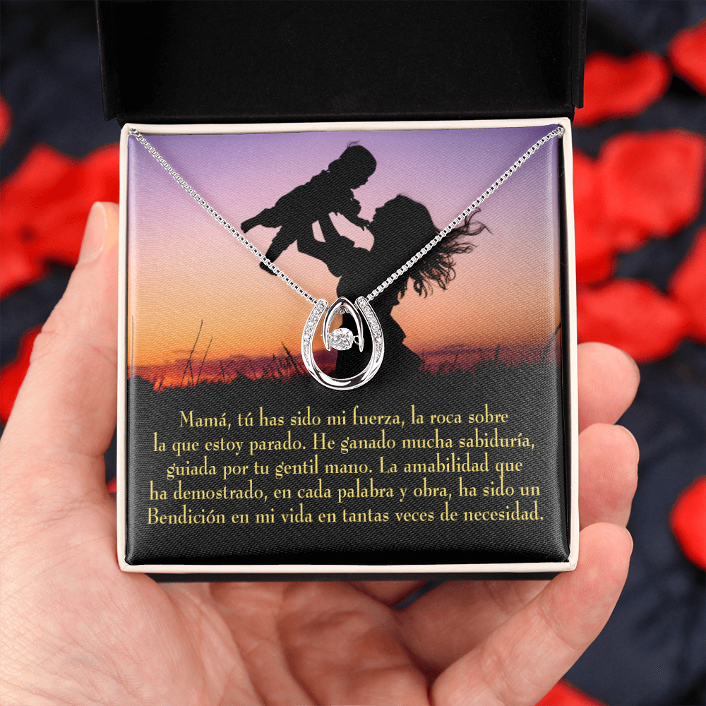 Mamá tú has sido mi fuerza Lucky Horseshoe Necklace Message Card 14k w CZ Crystals-Express Your Love Gifts