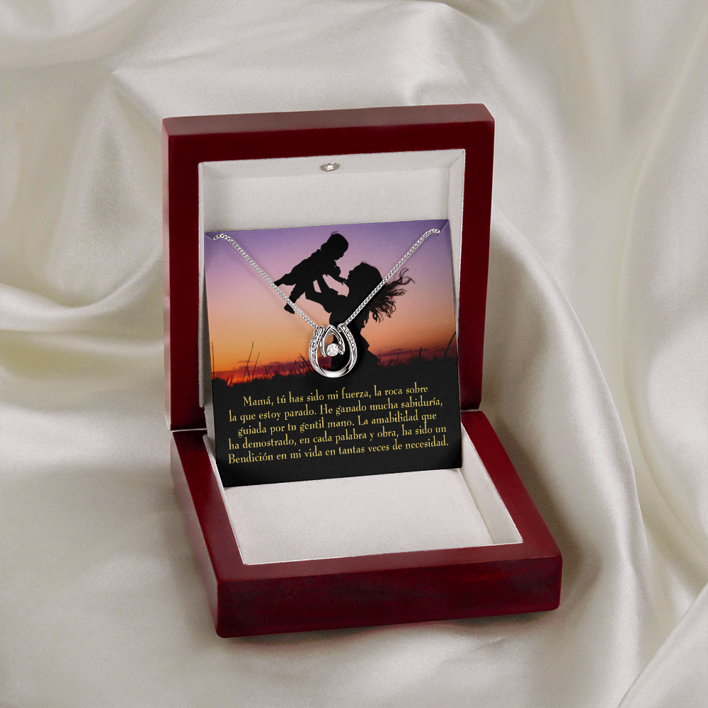 Mamá tú has sido mi fuerza Lucky Horseshoe Necklace Message Card 14k w CZ Crystals-Express Your Love Gifts