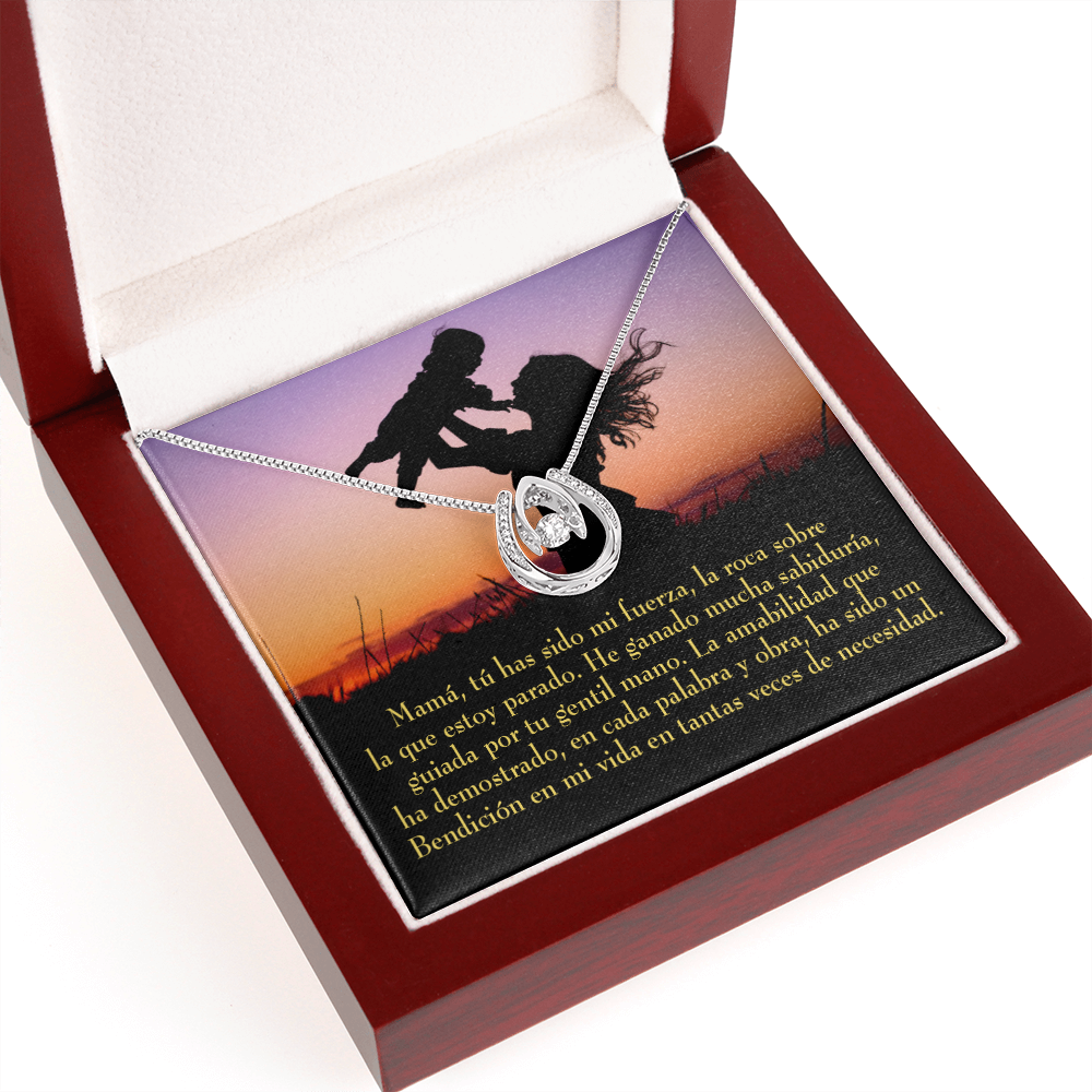 Mamá tú has sido mi fuerza Lucky Horseshoe Necklace Message Card 14k w CZ Crystals-Express Your Love Gifts