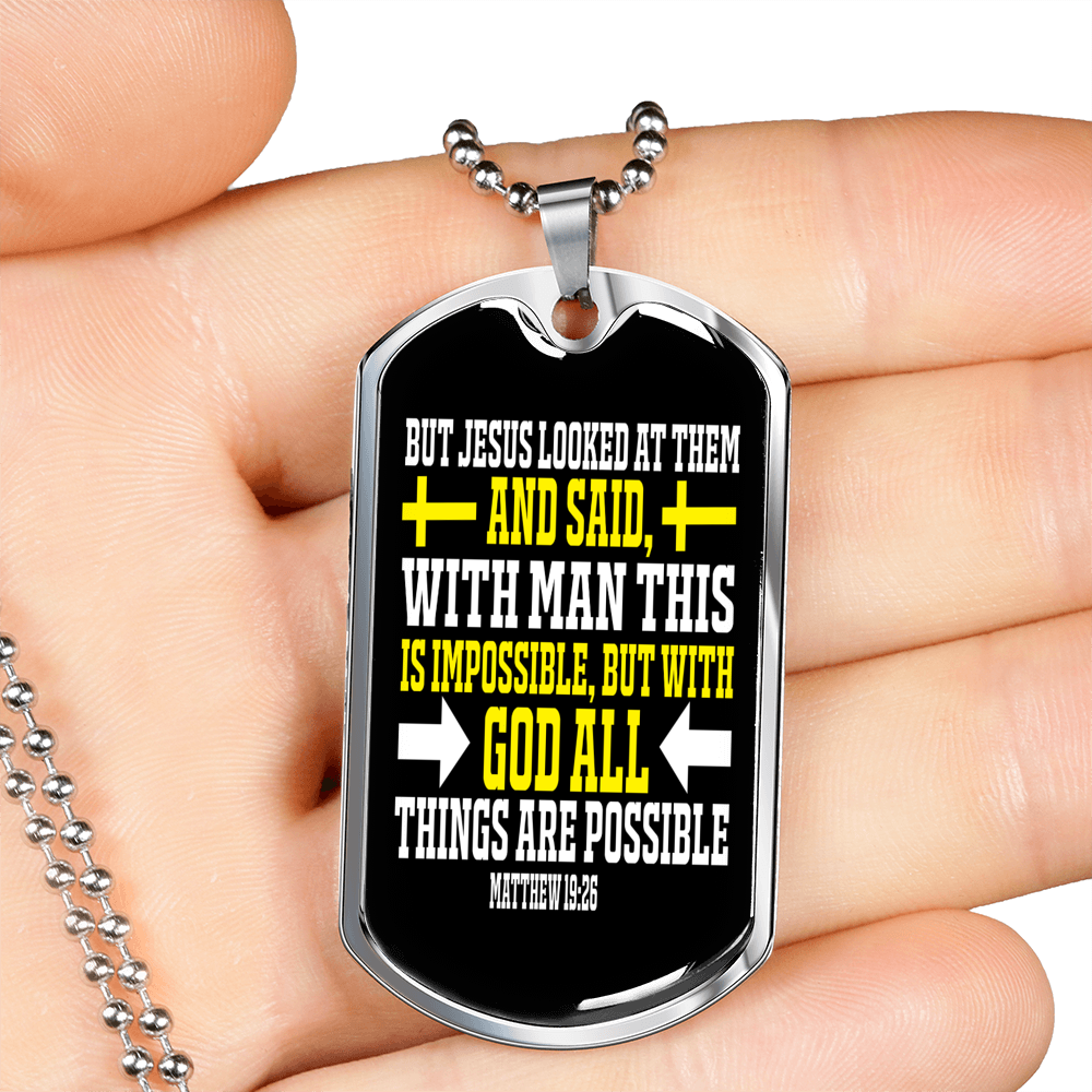 Man Impossible God Possible Christian Necklace Stainless Steel or 18k Gold Dog Tag 24" Chain-Express Your Love Gifts