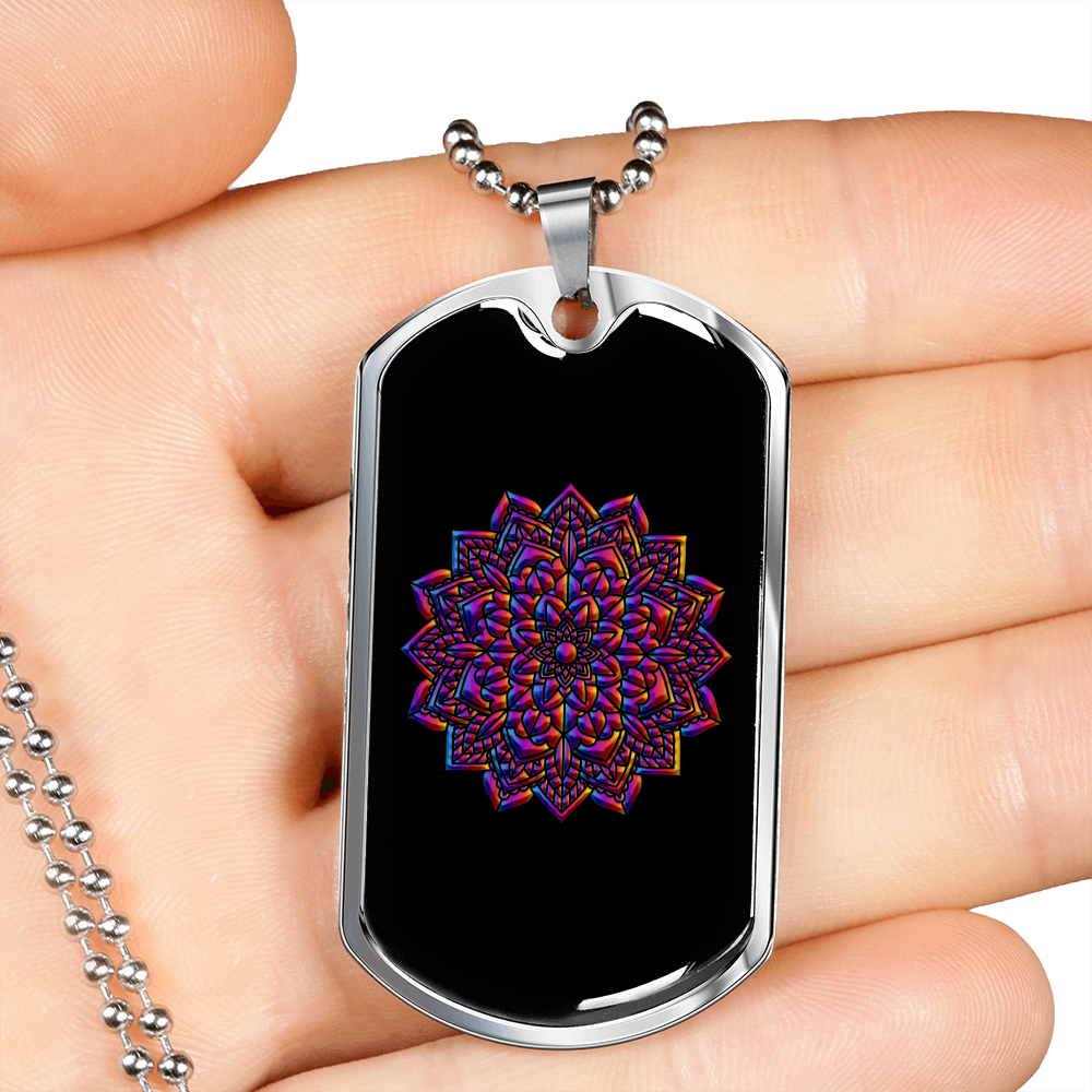 Mandala Art Lotus Zodiac Necklace Stainless Steel or 18k Gold Dog Tag 24" Chain-Express Your Love Gifts