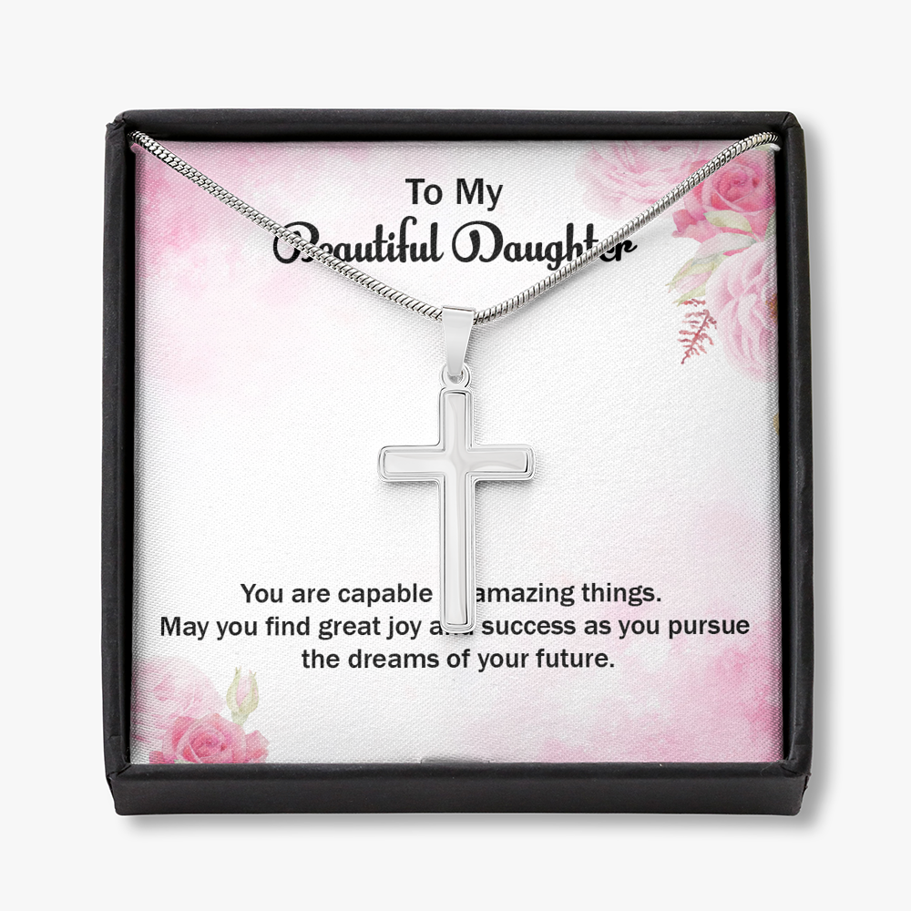 May You Find Great Success Daughter Graduation Message Cross Card Necklace w Stainless Steel Pendant-Express Your Love Gifts