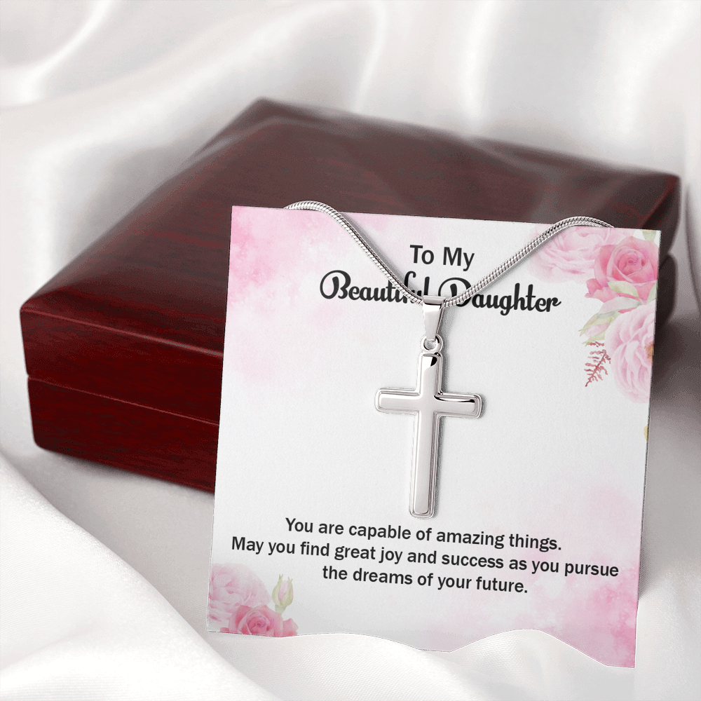 May You Find Great Success Daughter Graduation Message Cross Card Necklace w Stainless Steel Pendant-Express Your Love Gifts