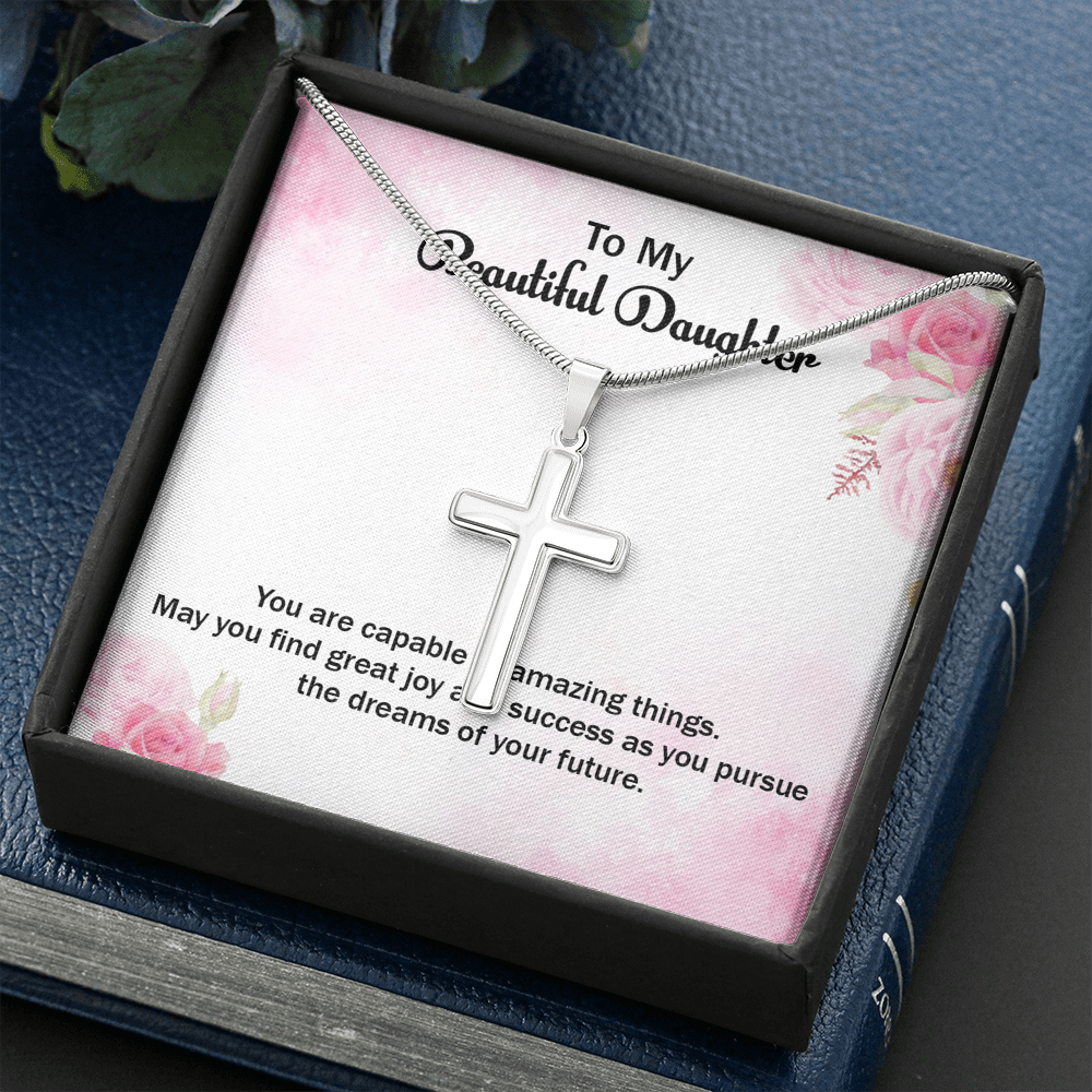 May You Find Great Success Daughter Graduation Message Cross Card Necklace w Stainless Steel Pendant-Express Your Love Gifts