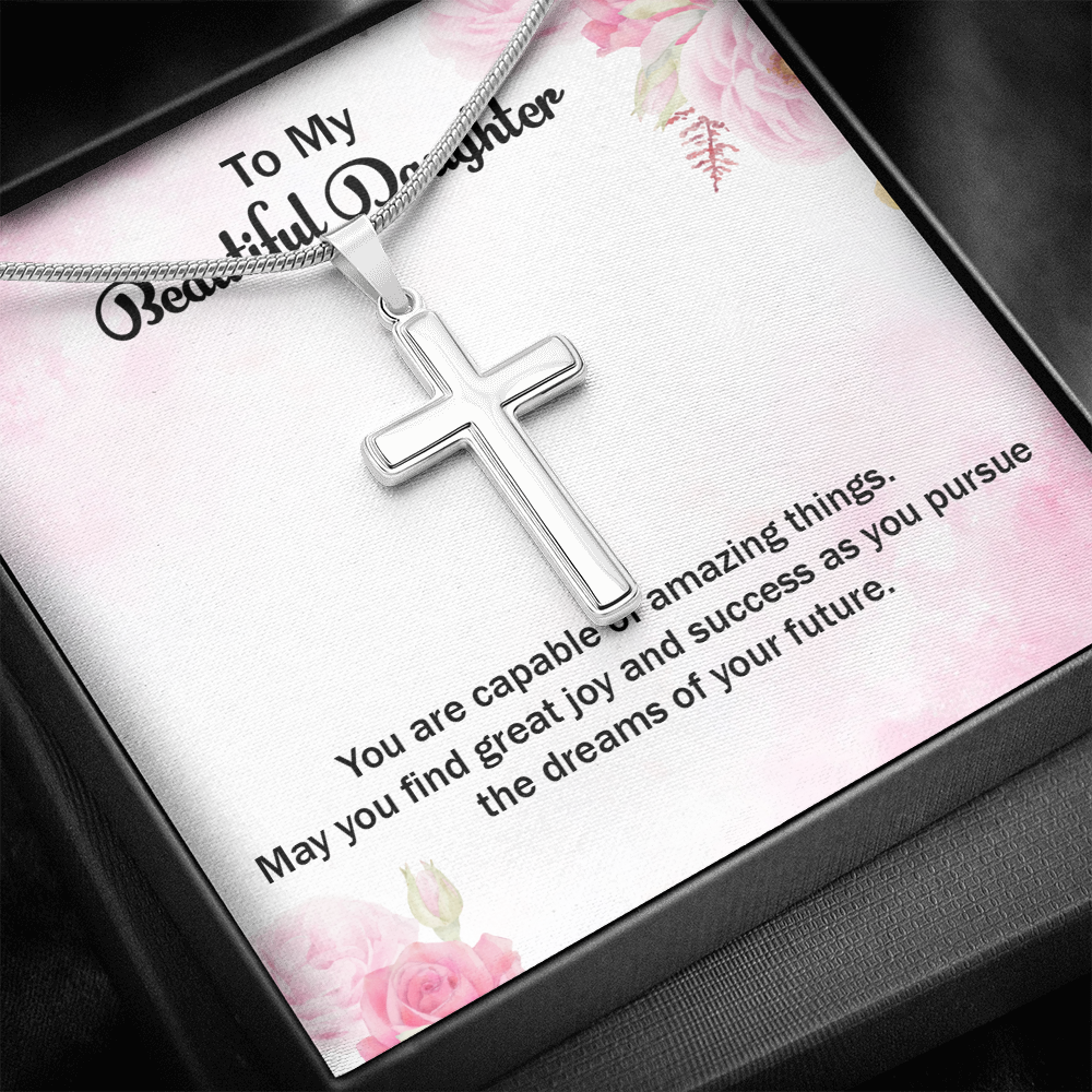 May You Find Great Success Daughter Graduation Message Cross Card Necklace w Stainless Steel Pendant-Express Your Love Gifts