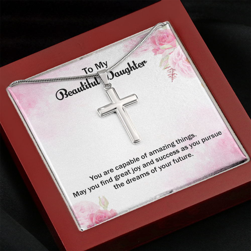 May You Find Great Success Daughter Graduation Message Cross Card Necklace w Stainless Steel Pendant-Express Your Love Gifts