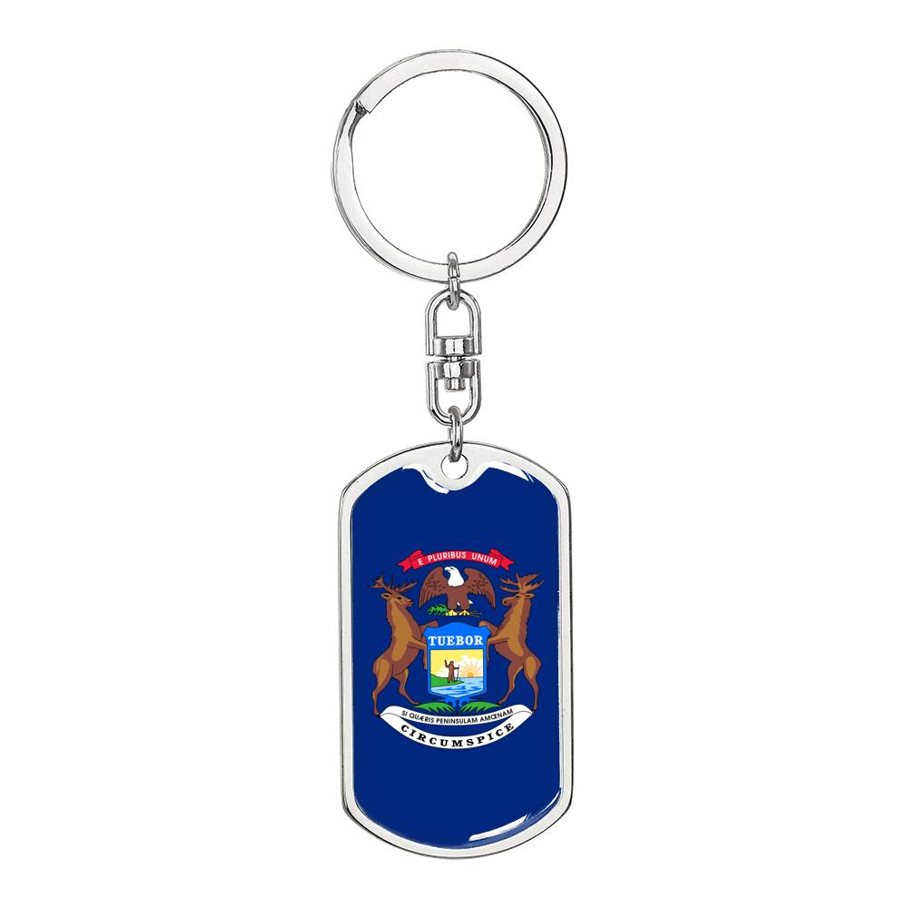 Michigan State Flag Keychain Dog Tag Stainless Steel or 18k Gold-Express Your Love Gifts