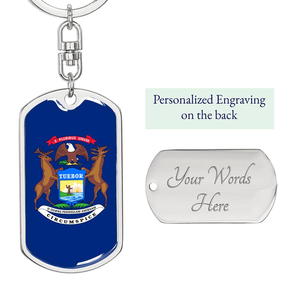 Michigan State Flag Keychain Dog Tag Stainless Steel or 18k Gold-Express Your Love Gifts