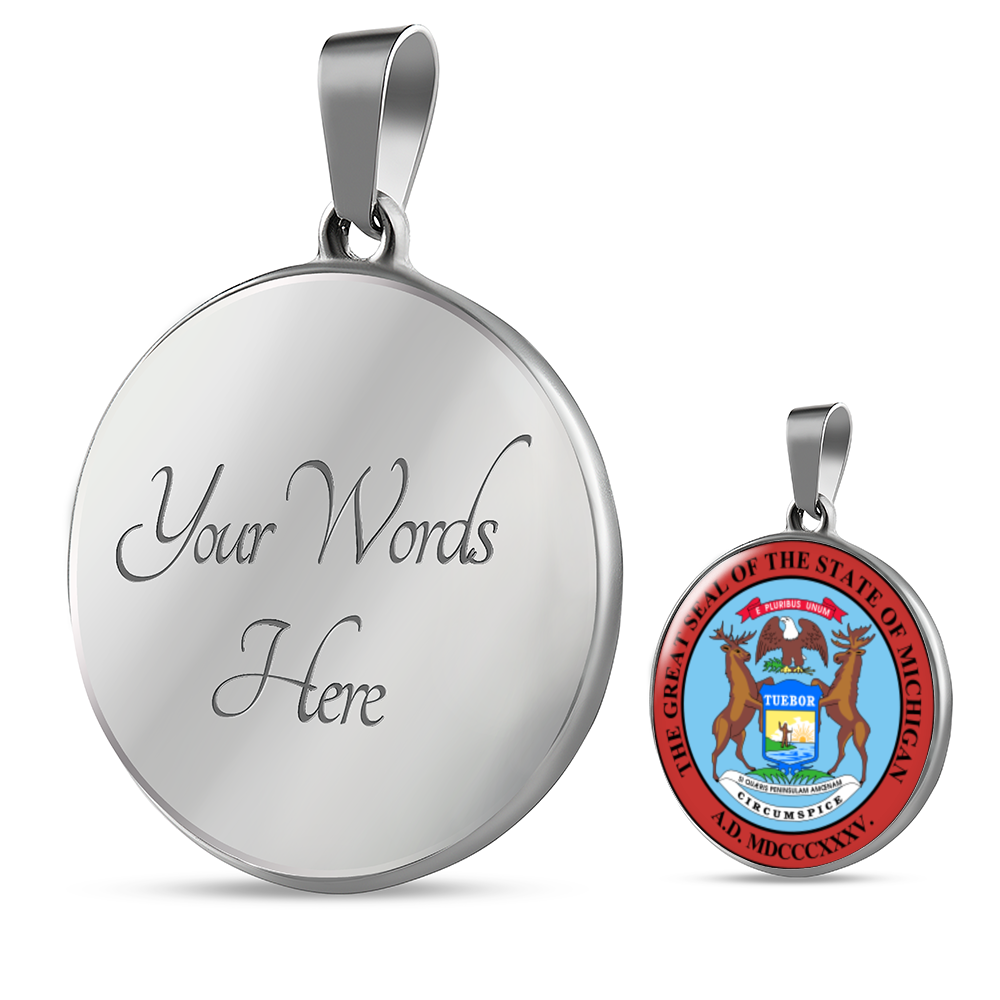 Michigan State Seal Necklace Circle Pendant Stainless Steel or 18k Gold 18-22"-Express Your Love Gifts