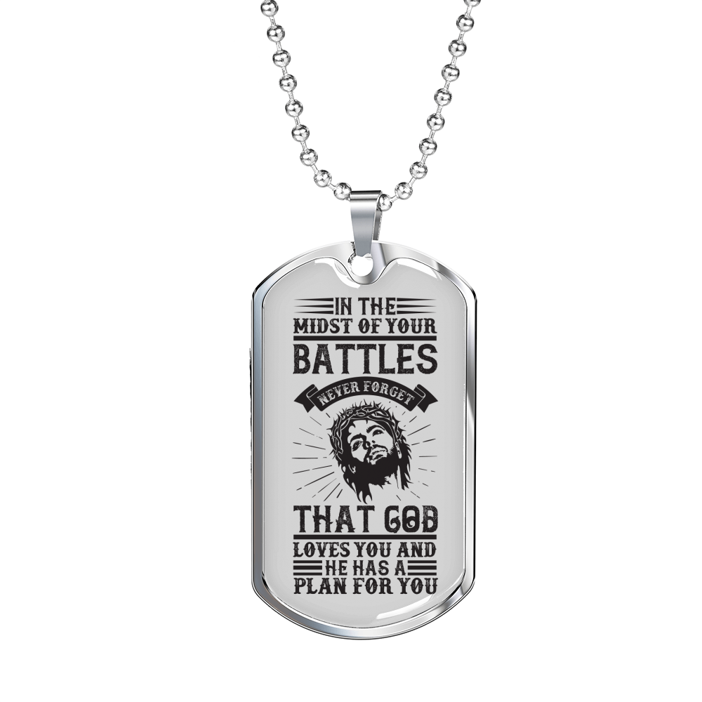 Midst Of Our Battle Christian Necklace Stainless Steel or 18k Gold Dog Tag 24" Chain-Express Your Love Gifts