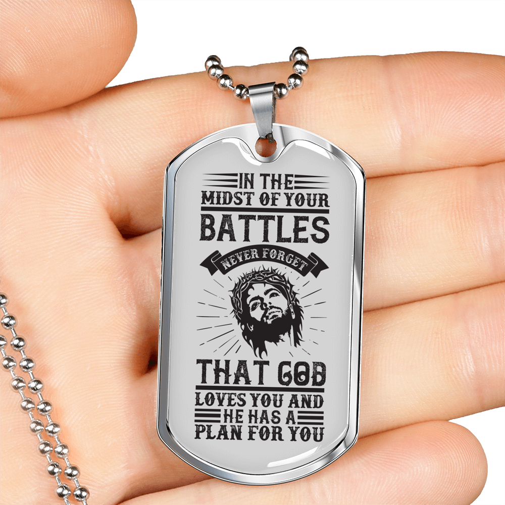 Midst Of Our Battle Christian Necklace Stainless Steel or 18k Gold Dog Tag 24" Chain-Express Your Love Gifts