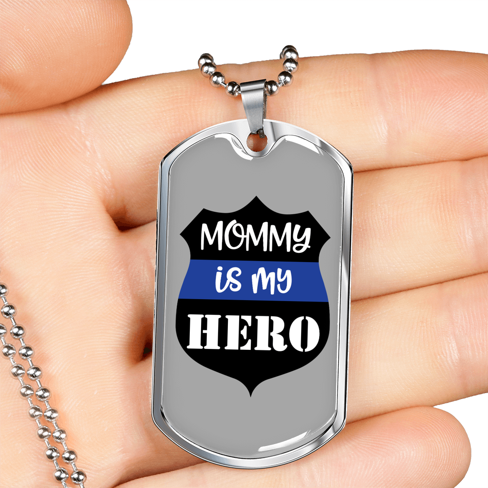 Mom Is My Hero Badge Necklace Stainless Steel or 18k Gold Dog Tag 24"-Express Your Love Gifts