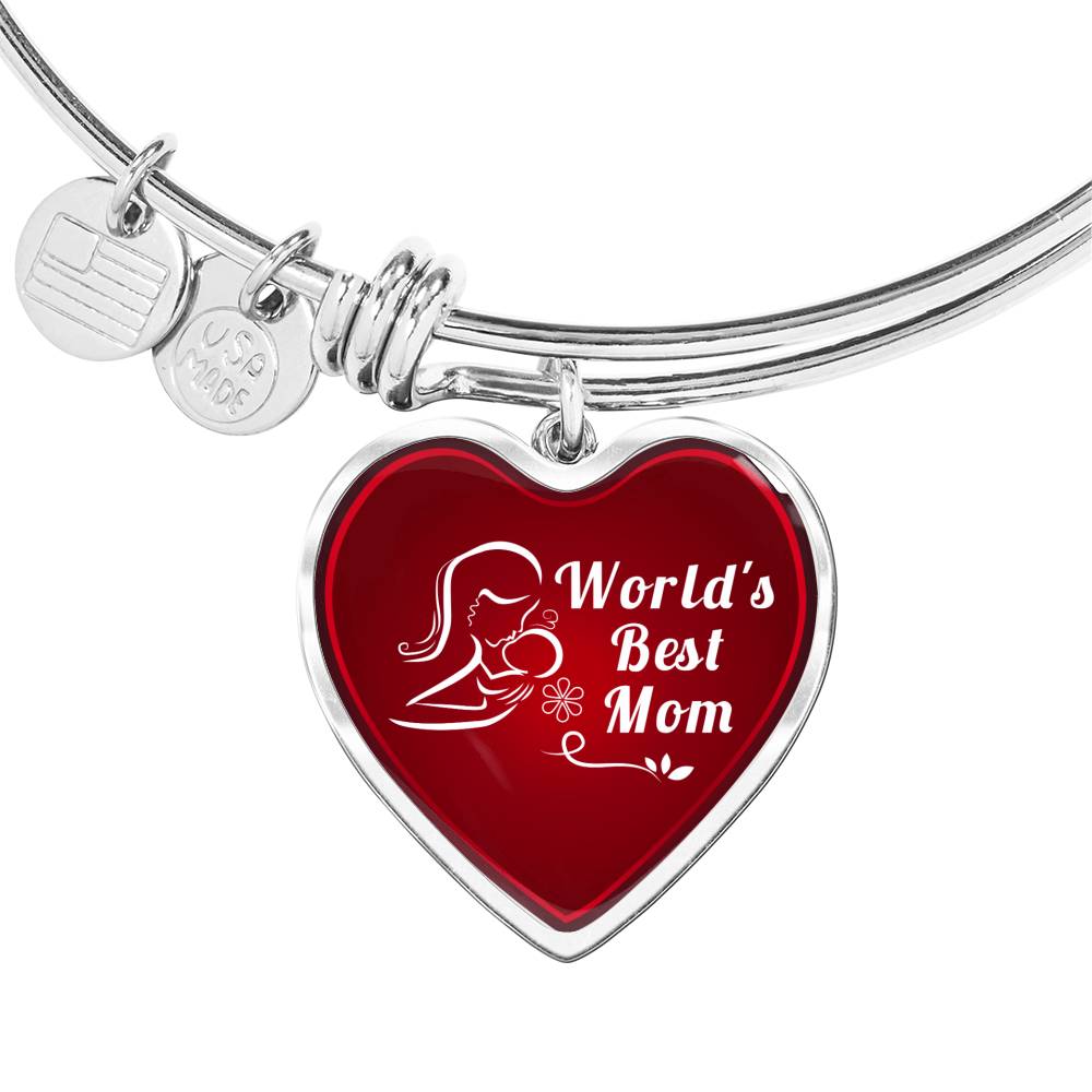 Mom Message World's Best Mom Heart Bangle Stainless Steel or 18k Gold 18-22"-Express Your Love Gifts