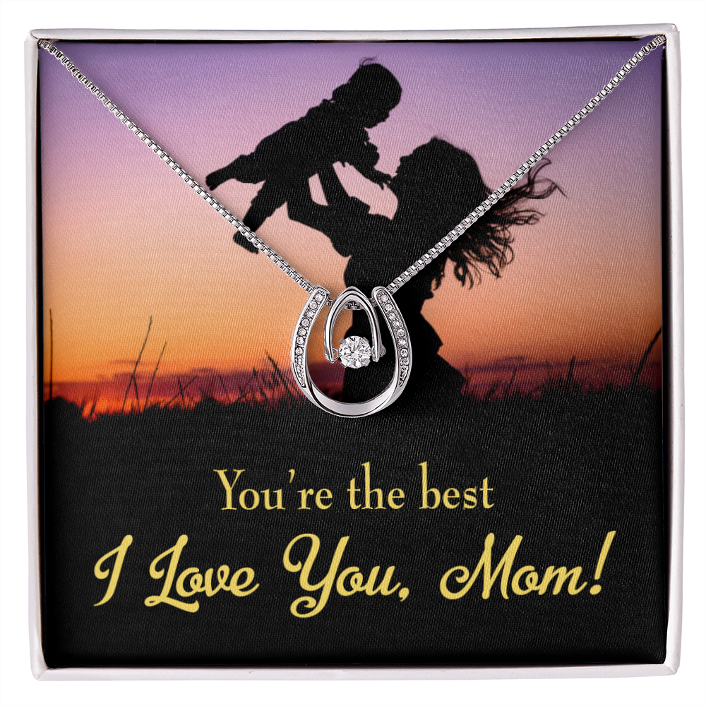 Mom You're the Best Lucky Horseshoe Necklace Message Card 14k w CZ Crystals-Express Your Love Gifts