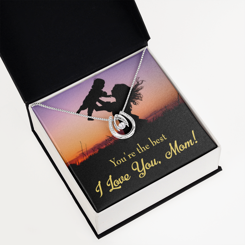 Mom You're the Best Lucky Horseshoe Necklace Message Card 14k w CZ Crystals-Express Your Love Gifts