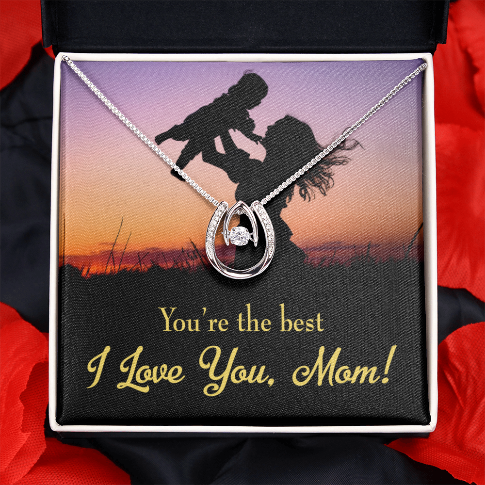 Mom You're the Best Lucky Horseshoe Necklace Message Card 14k w CZ Crystals-Express Your Love Gifts