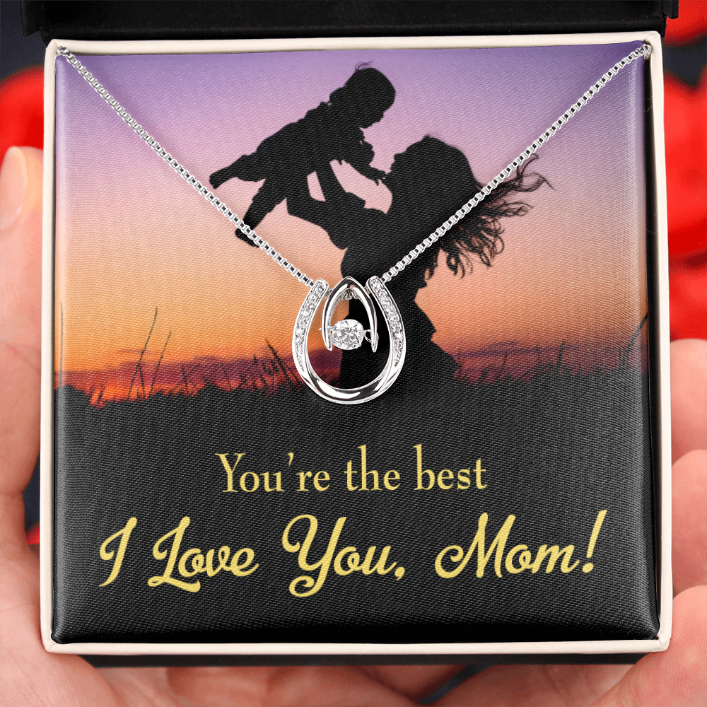 Mom You're the Best Lucky Horseshoe Necklace Message Card 14k w CZ Crystals-Express Your Love Gifts