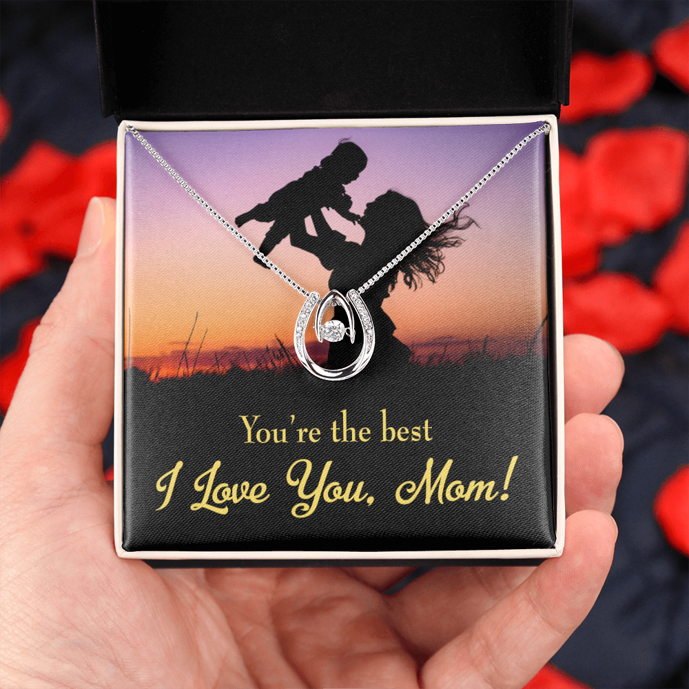 Mom You're the Best Lucky Horseshoe Necklace Message Card 14k w CZ Crystals-Express Your Love Gifts