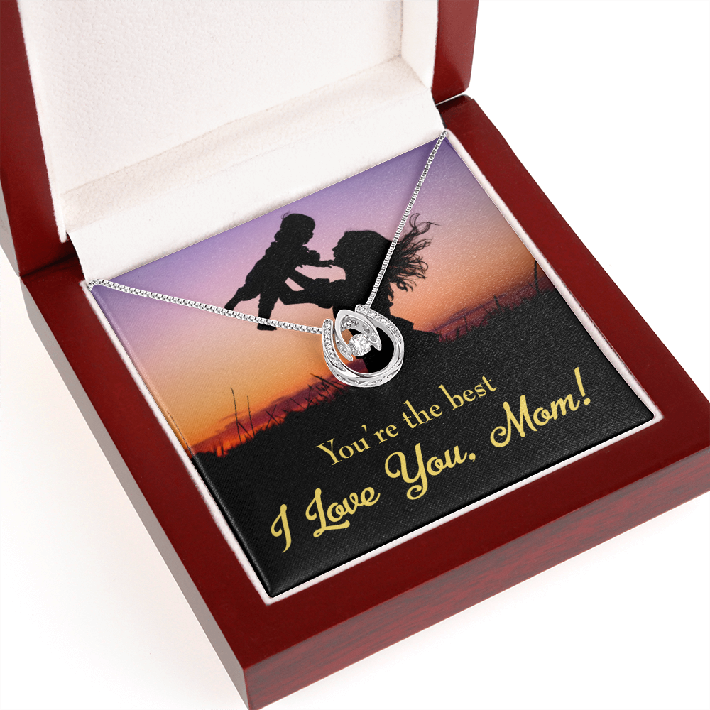 Mom You're the Best Lucky Horseshoe Necklace Message Card 14k w CZ Crystals-Express Your Love Gifts