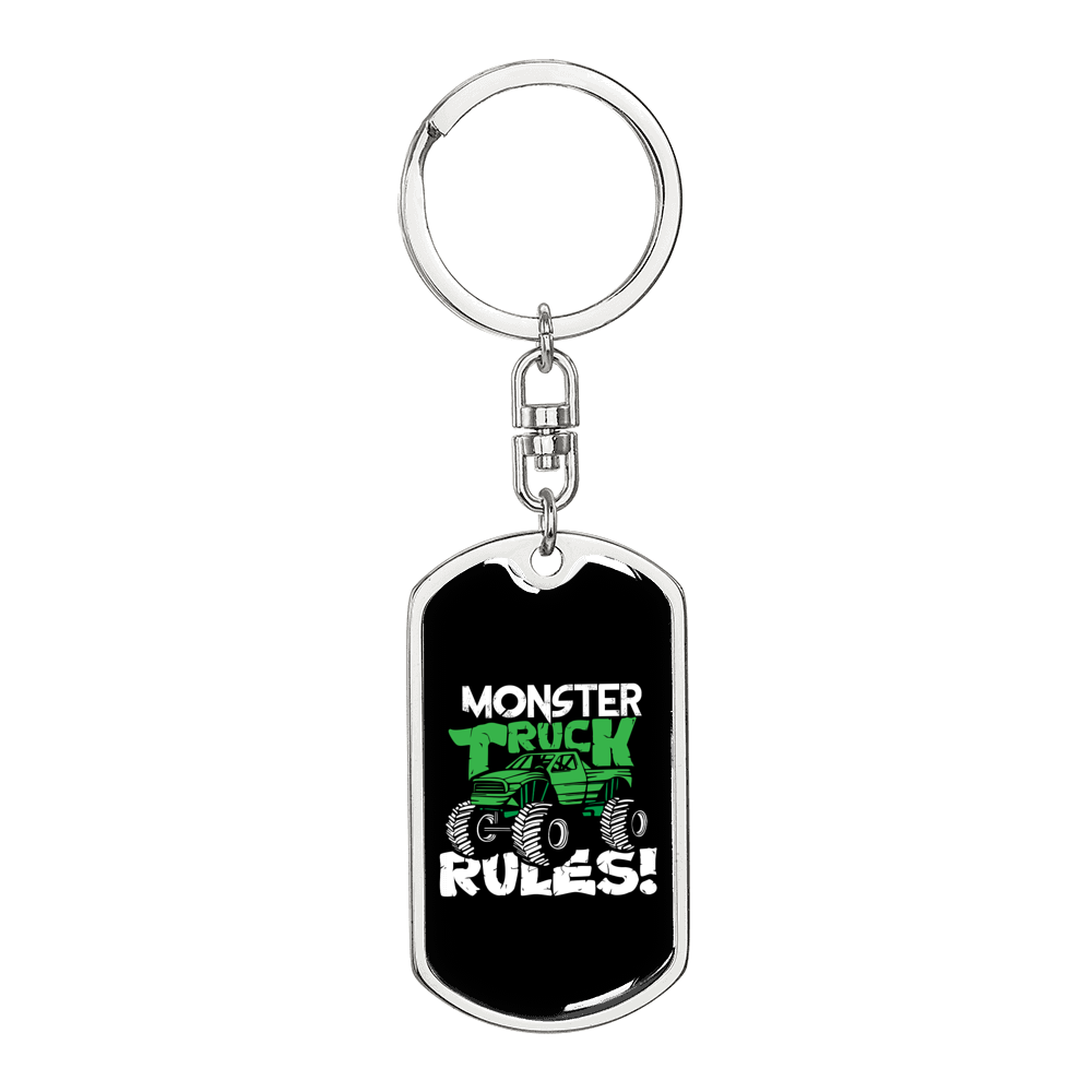 Monster Truck Rules Swivel Trucker Keychain Dog Tag Stainless Steel or 18k Gold-Express Your Love Gifts
