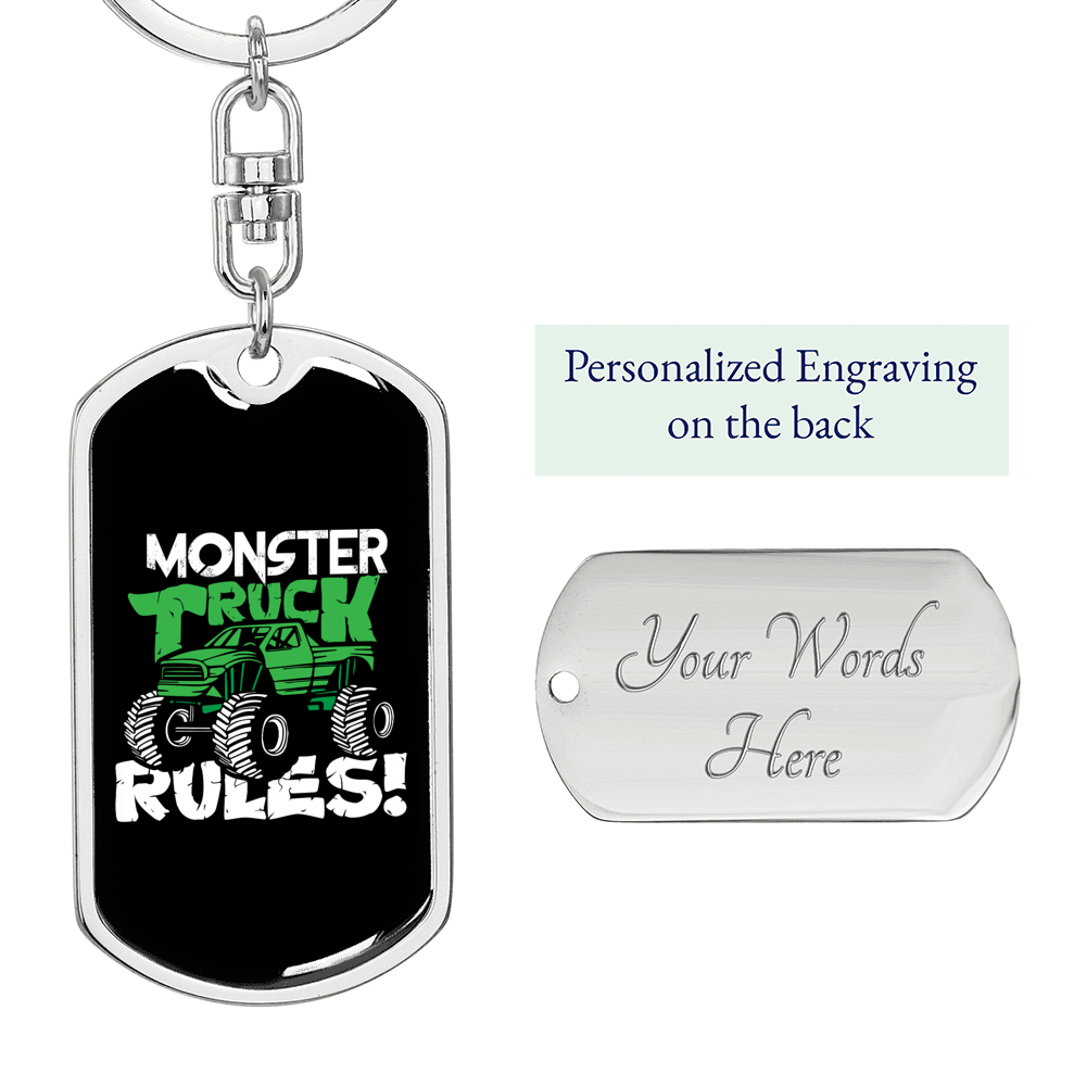Monster Truck Rules Swivel Trucker Keychain Dog Tag Stainless Steel or 18k Gold-Express Your Love Gifts