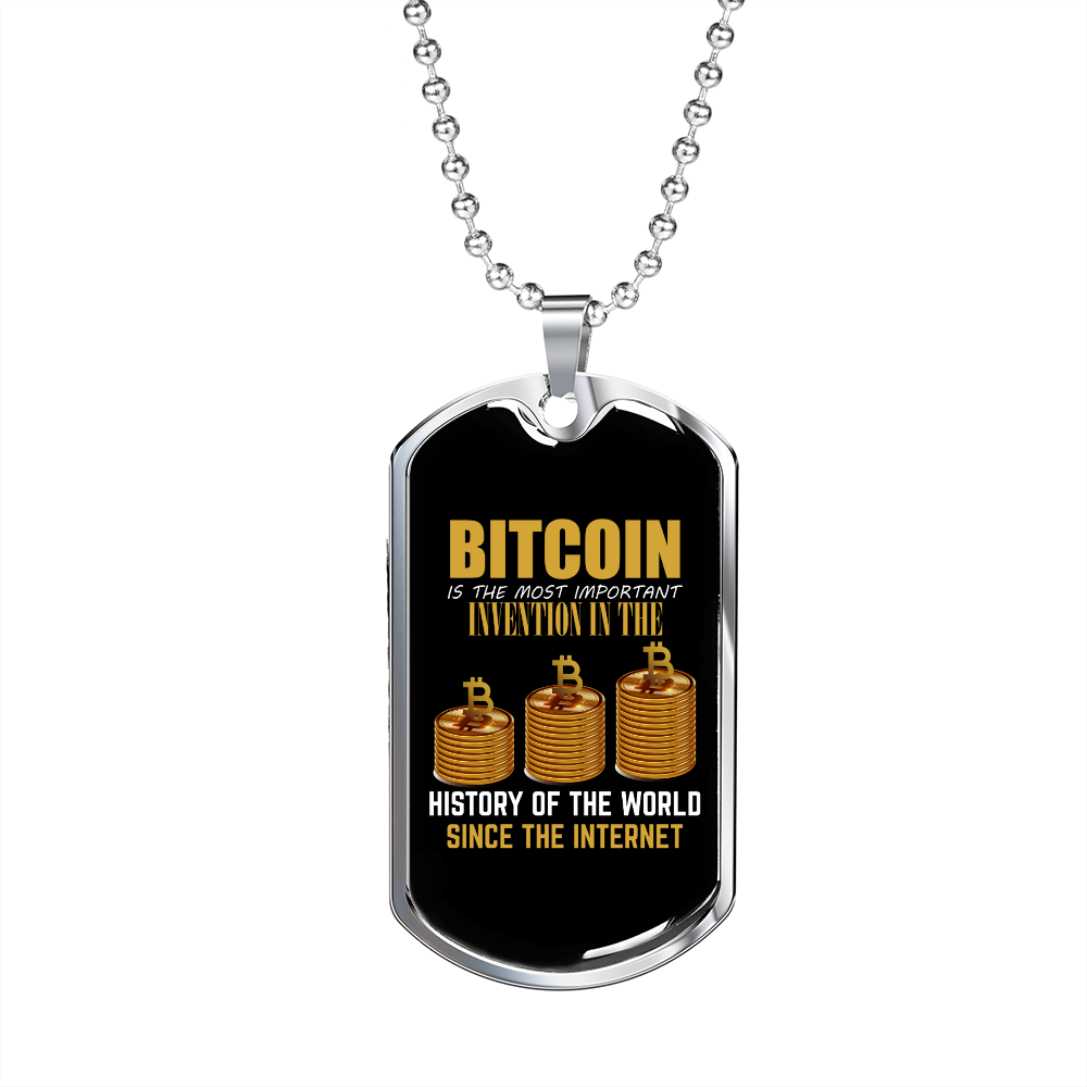 Most Important Invention Bitcoin Crypto Necklace Stainless Steel or 18k Gold Dog Tag 24" Chain-Express Your Love Gifts