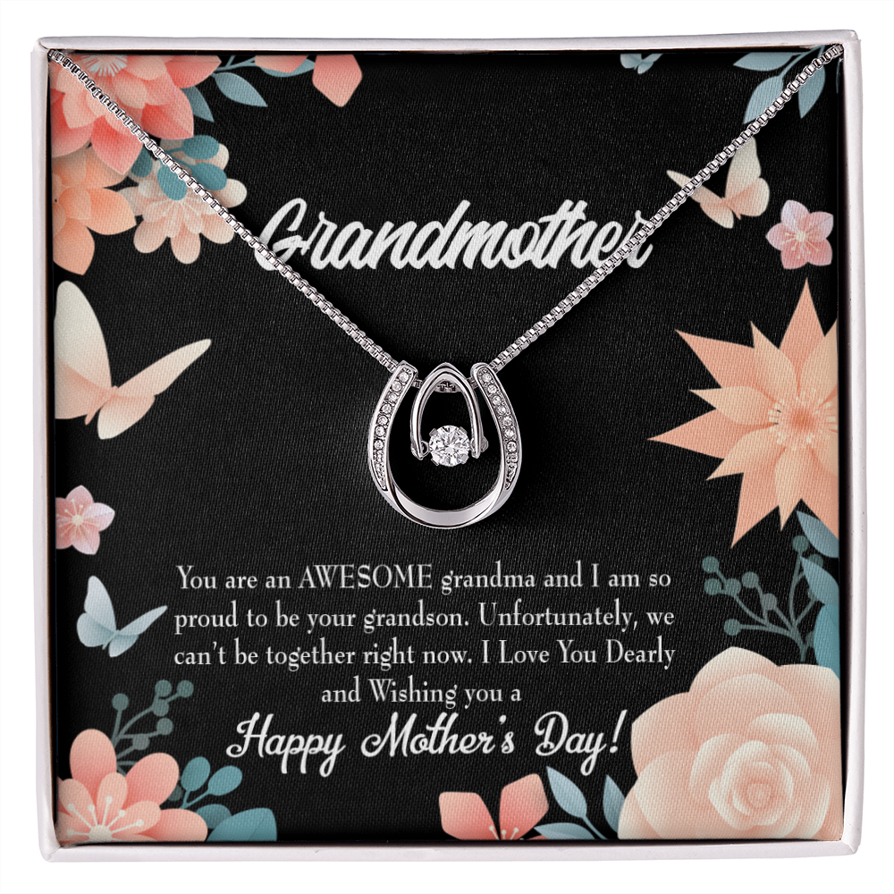 Mother's Day Grandson Lucky Horseshoe Necklace Message Card 14k w CZ Crystals-Express Your Love Gifts