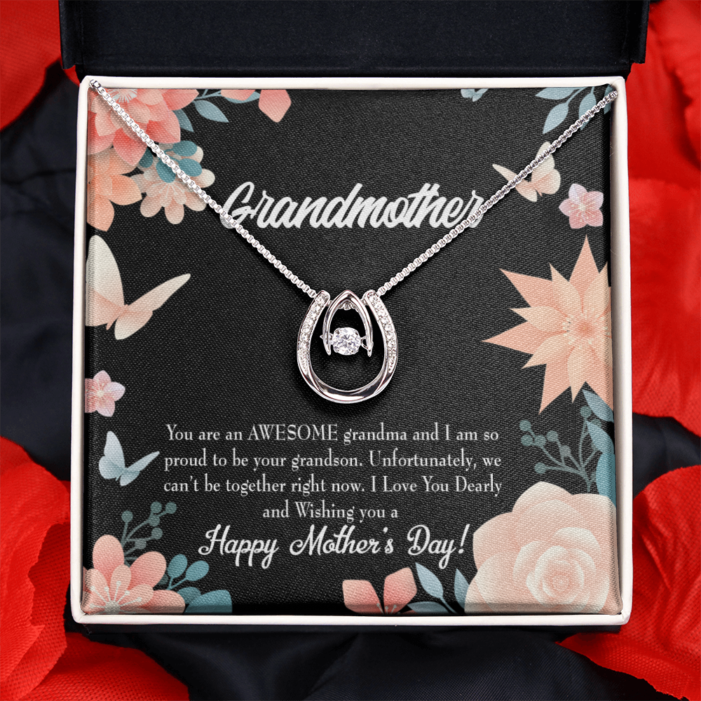 Mother's Day Grandson Lucky Horseshoe Necklace Message Card 14k w CZ Crystals-Express Your Love Gifts