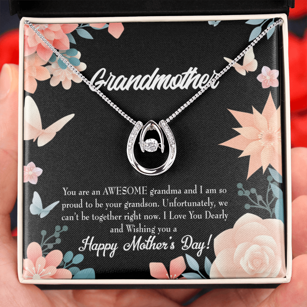 Mother's Day Grandson Lucky Horseshoe Necklace Message Card 14k w CZ Crystals-Express Your Love Gifts