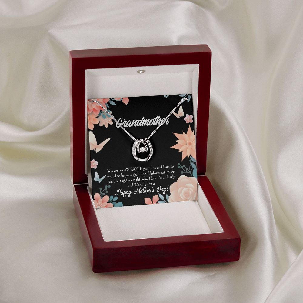 Mother's Day Grandson Lucky Horseshoe Necklace Message Card 14k w CZ Crystals-Express Your Love Gifts