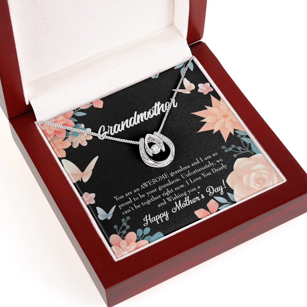 Mother's Day Grandson Lucky Horseshoe Necklace Message Card 14k w CZ Crystals-Express Your Love Gifts