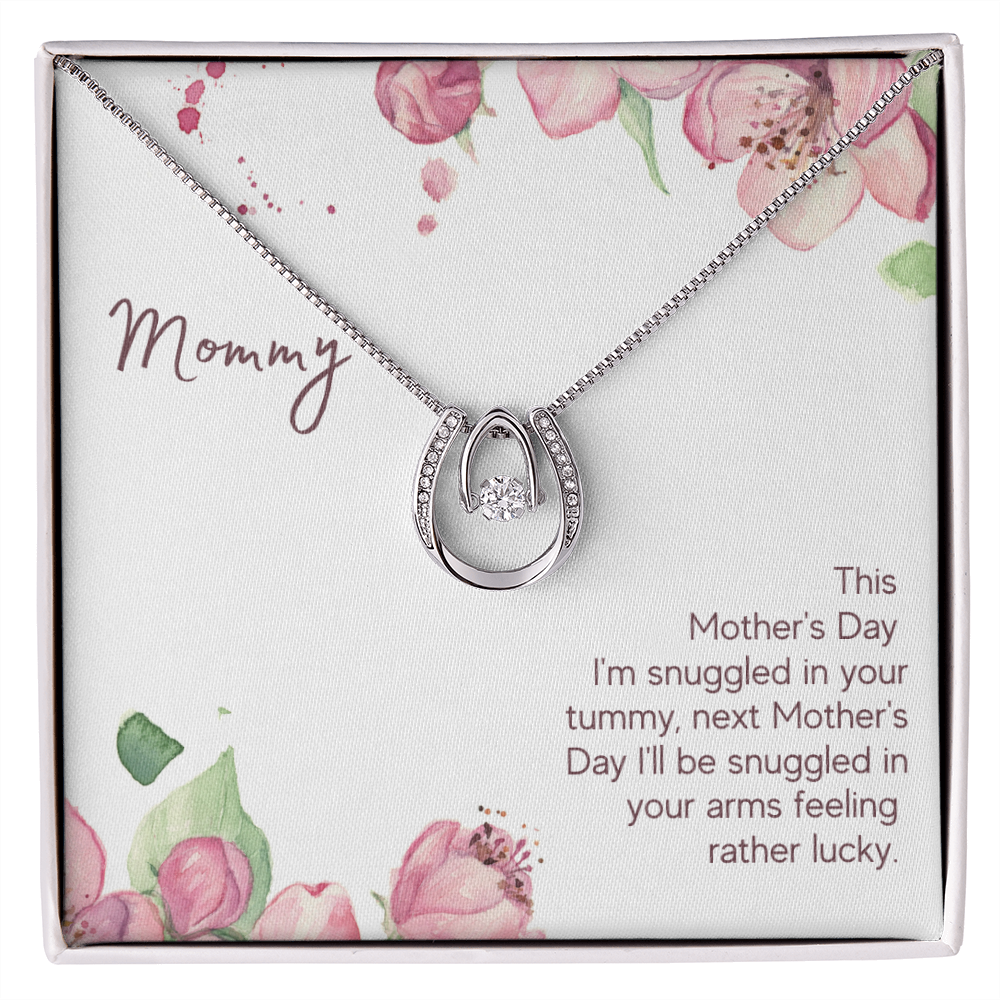 Mother's Day Snuggled in Your Tummy Lucky Horseshoe Necklace Message Card 14k w CZ Crystals-Express Your Love Gifts