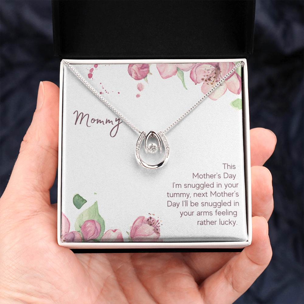 Mother's Day Snuggled in Your Tummy Lucky Horseshoe Necklace Message Card 14k w CZ Crystals-Express Your Love Gifts
