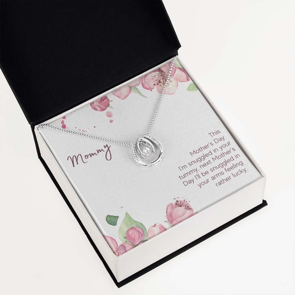 Mother's Day Snuggled in Your Tummy Lucky Horseshoe Necklace Message Card 14k w CZ Crystals-Express Your Love Gifts