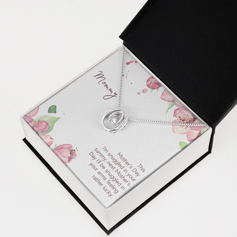 Mother's Day Snuggled in Your Tummy Lucky Horseshoe Necklace Message Card 14k w CZ Crystals-Express Your Love Gifts