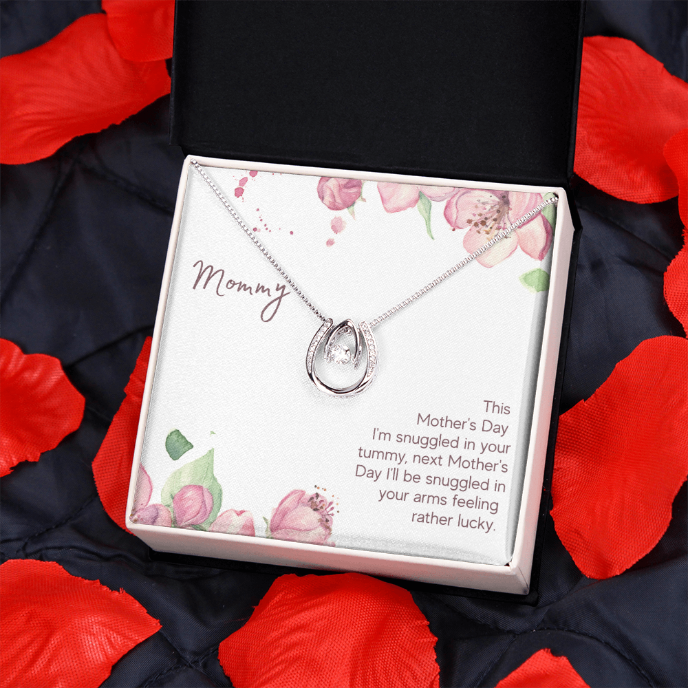 Mother's Day Snuggled in Your Tummy Lucky Horseshoe Necklace Message Card 14k w CZ Crystals-Express Your Love Gifts