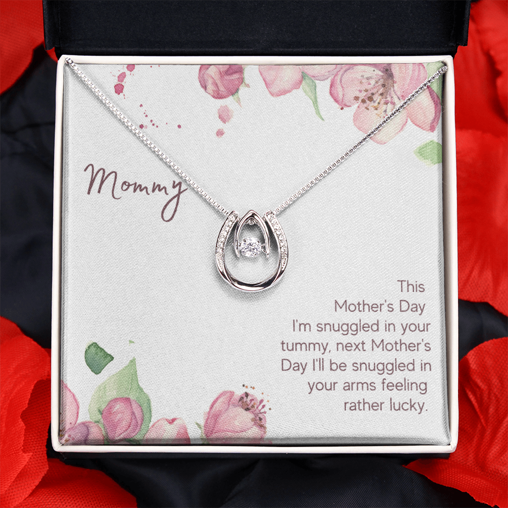 Mother's Day Snuggled in Your Tummy Lucky Horseshoe Necklace Message Card 14k w CZ Crystals-Express Your Love Gifts