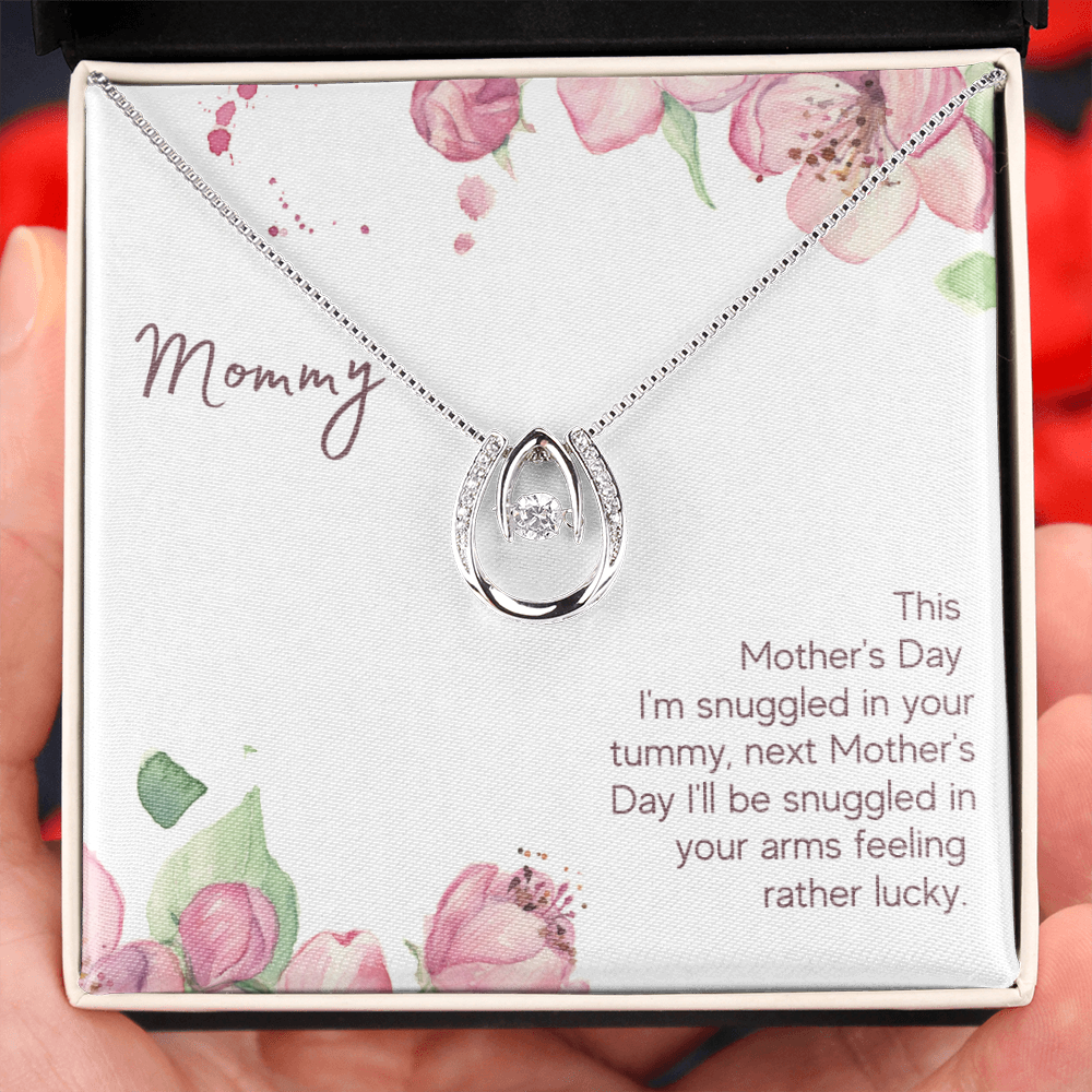 Mother's Day Snuggled in Your Tummy Lucky Horseshoe Necklace Message Card 14k w CZ Crystals-Express Your Love Gifts