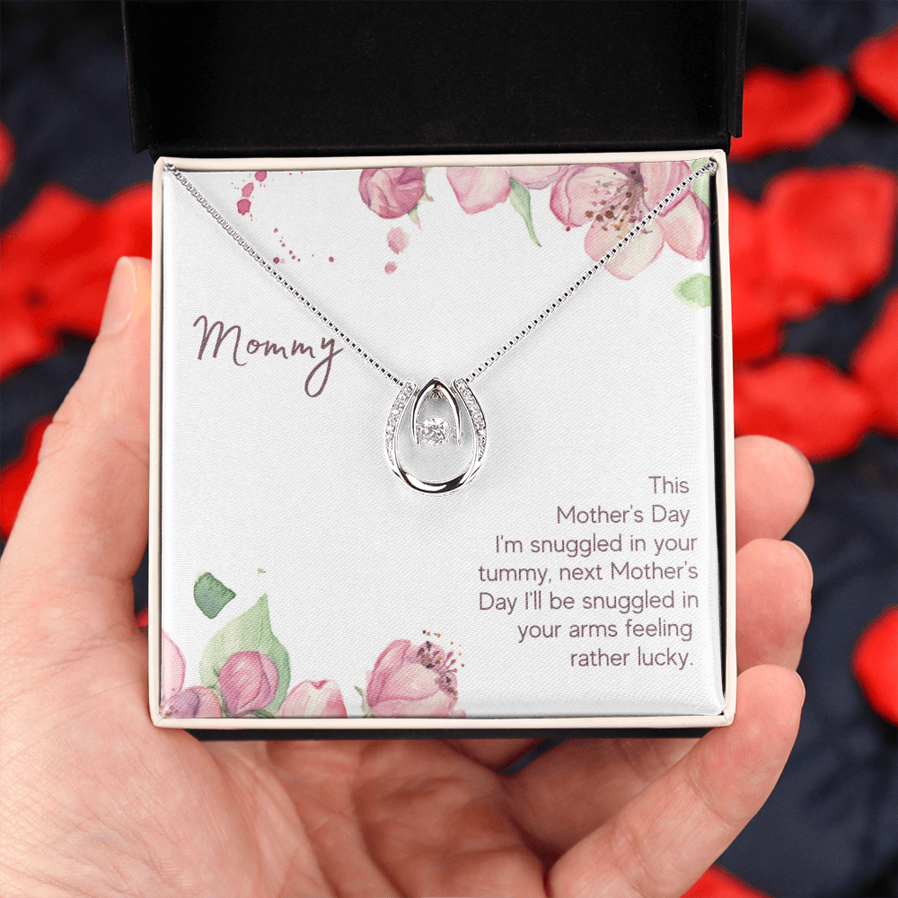 Mother's Day Snuggled in Your Tummy Lucky Horseshoe Necklace Message Card 14k w CZ Crystals-Express Your Love Gifts