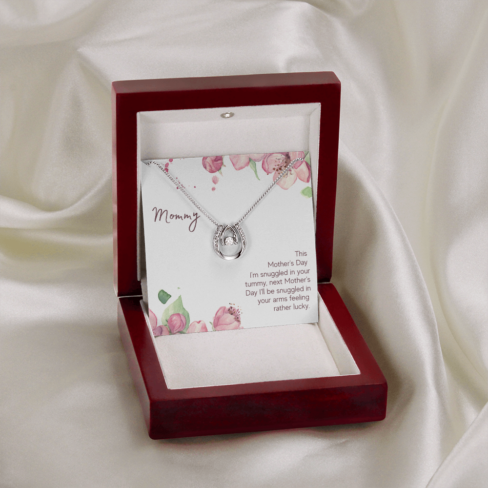 Mother's Day Snuggled in Your Tummy Lucky Horseshoe Necklace Message Card 14k w CZ Crystals-Express Your Love Gifts