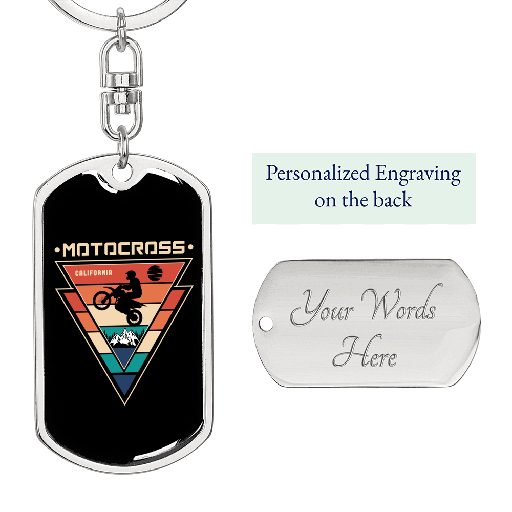 Motocross California Biker Keychain Stainless Steel or 18k Gold Dog Tag Keyring-Express Your Love Gifts