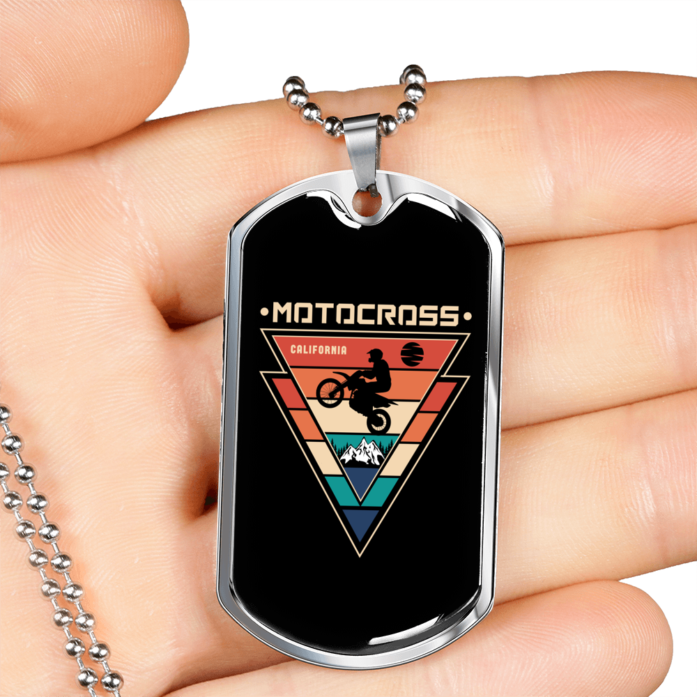 Motocross California Biker Necklace Stainless Steel or 18k Gold Dog Tag 24"-Express Your Love Gifts