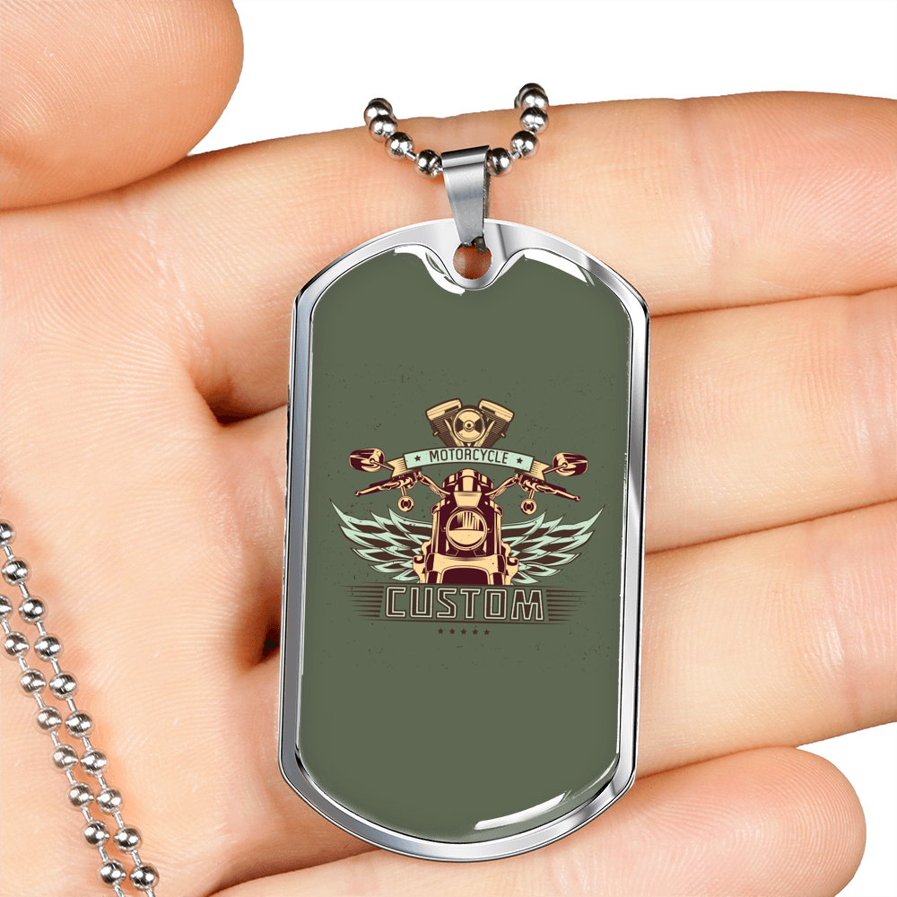 Motorcycle Custom Biker Necklace Stainless Steel or 18k Gold Dog Tag 24"-Express Your Love Gifts