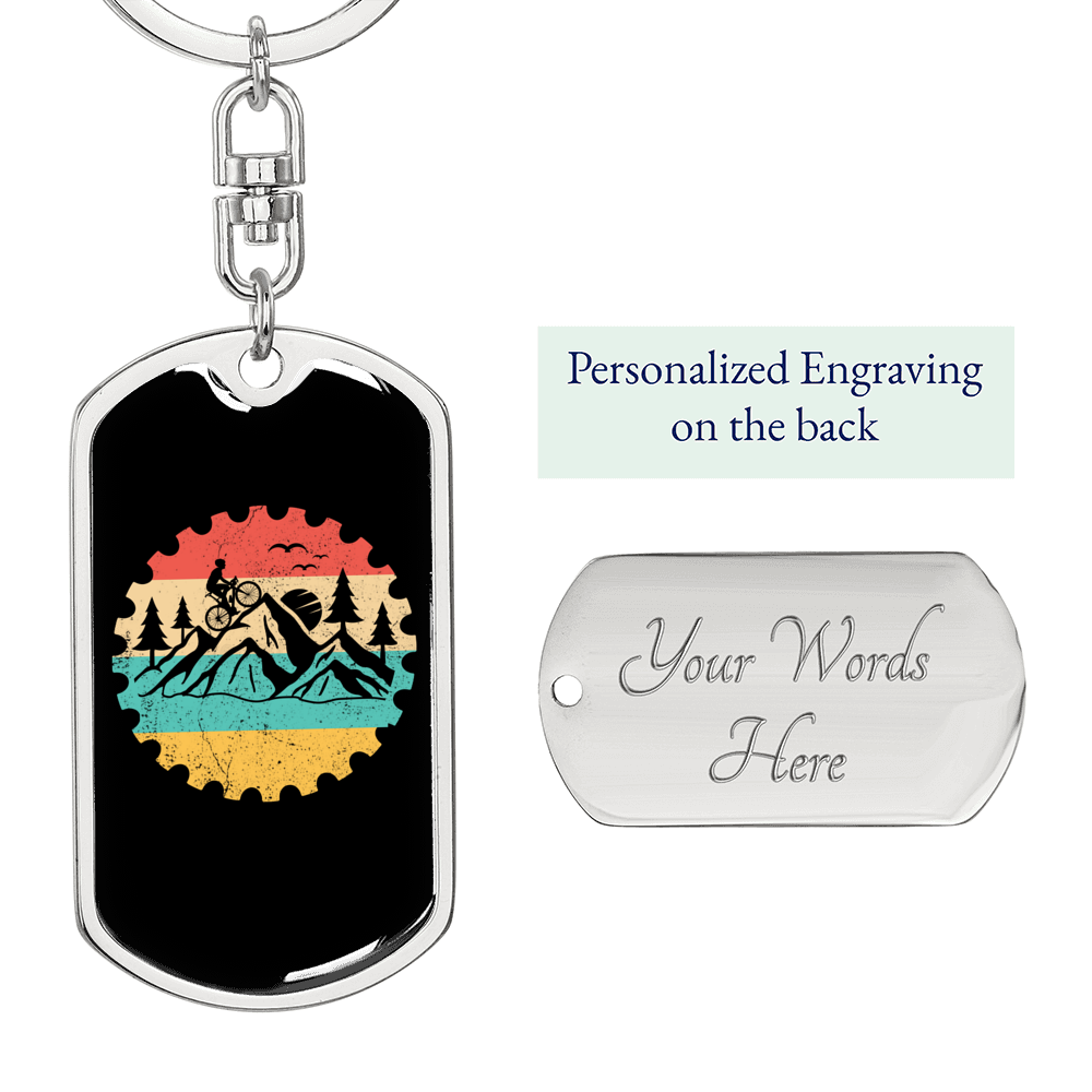 Mountain Bike Adventure Cycling Keychain Stainless Steel or 18k Gold Dog Tag Keyring-Express Your Love Gifts