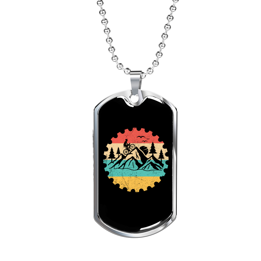Mountain Bike Adventure Cycling Necklace Stainless Steel or 18k Gold Dog Tag 24"-Express Your Love Gifts