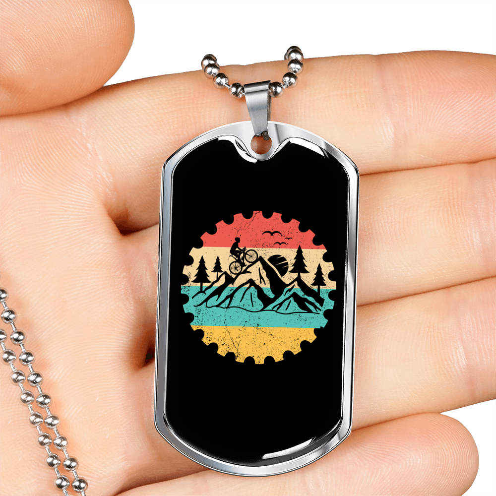 Mountain Bike Adventure Cycling Necklace Stainless Steel or 18k Gold Dog Tag 24"-Express Your Love Gifts