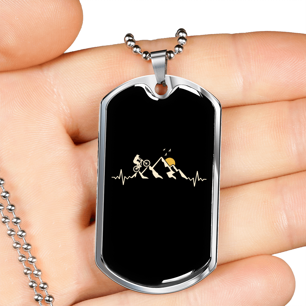 Mountain Bike Black Pulse Cycling Necklace Stainless Steel or 18k Gold Dog Tag 24"-Express Your Love Gifts
