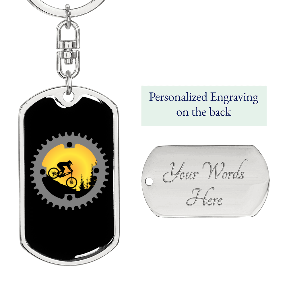 Mountain Bike Chain Ring Cycling Keychain Stainless Steel or 18k Gold Dog Tag Keyring-Express Your Love Gifts
